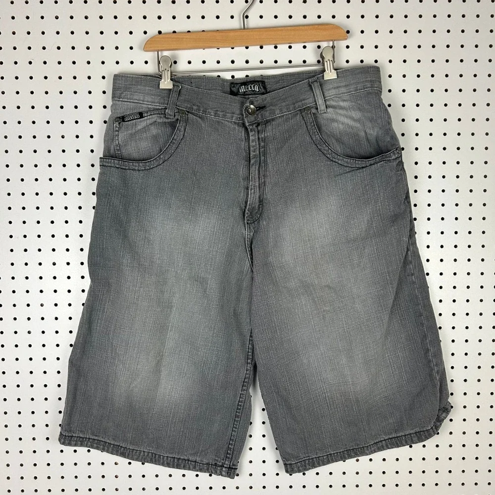 Mecca Men Baggy Denim Shorts Size 36 Gray Y2K Hip Hop Embroidered Streetwear 90s
